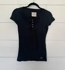 Hollister Women’s XS Navy Blue Beaded Seagull Y2K 2000s Baby Tee Short Sleeve