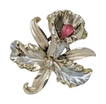 Vintage 1950s Floral Brooch Silver Tone Enamel Pink Rhinestone Flower