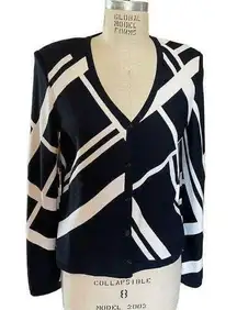 St. John Collection Knit V-Neck Cardigan Geometric Pattern Black White size 8