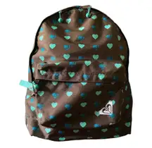 -BACKPACK  Adorable brown backpack covered in blue and teal hearts, front zip pocket, comes with  charms, excellent condition  Measures: 17x14x5