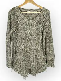 Altar'd State Crochet Sweater Women's Medium Brown Long Sleeve Raw Hem V-Neck