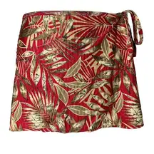 Catalina  Wrap Skirt Swimsuit Cover-Up Red Green Foliage Leaf Print Size Medium