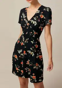 Rihoas Black V Neck Floral Button Up Mini Dress