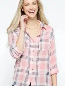 Kut From The Kloth Florence Blouse Women's Small Pink Gray Plaid‎ Long Sleeve