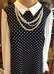 Shelby & Palmer White navy Polka Dot Retro Long Sleeve pointy Collar Dress  14