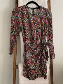 black & multicolored speckled patterned long sleeve wrap style mini dress