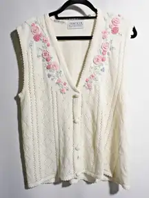 VTG Jantzen‎ Hand Embroidered Cream Floral Vest Cottage Core Retro Knit Gma XL