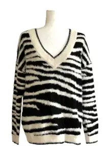 Peck & Peck Sweater Black Ivory Zebra Print V-Neck Oversized Soft Fuzzy Large