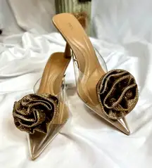 Zara Shiny Embellished Flower Vinyl Mules Beige 39 (8)