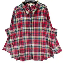 Woman Within Shirt Womens Size 2X Red Blue Plaid Flannel Cotton Button Up Casual