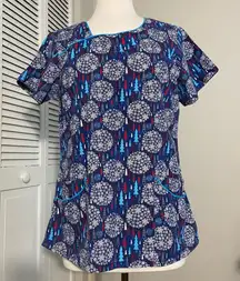 UA Scrubs Winter Alpine Trees Women's 2-Pocket Asymmetric Neck Print Top Small S