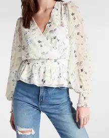 Floral Print Balloon Sleeve Faux Wrap Peplum Top