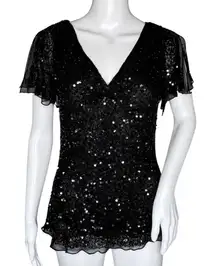 Adrianna Papell Blouse Women Medium Black Allover Sequin Silk‎ Party Event