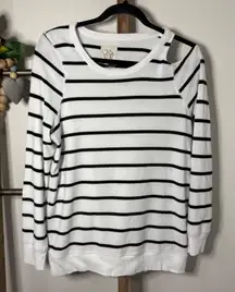 Chaser Striped Cutout Shoulder Sweatshirt Black White Crew Neck Size Medium