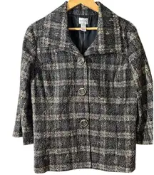 CHICO'S Women's Blazer Jacket Sz 2 LARGE Black Tan Plaid Gold Lace Overlay