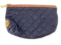 Tory Burch Women's Quilted Top Zip Purse Cosmetic Bag Navy Blue Tan Size Large