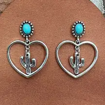 Saguaro Cactus Heart Earrings with Turquoise