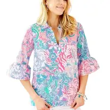 Lilly Pulitzer Small Top Pink Blue Ginger Top Viva‎ La Lilly Bell Sleeve 125