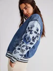 Free People NWT  We The Free Team Spirit Jacket Bomber Embroidered Denim Small