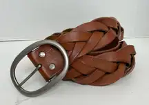 American Eagle Belt Braided Leather Metal Buckle Thick Large Tan Brown Silver