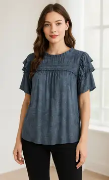 Pookie & Sebastian Shirt Women Large Blue Floral Ruffle Trim Blouse Tropical