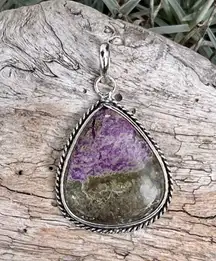 Teardrop Natural Charoite Gemstone Sterling Silver 1.7” Pendant