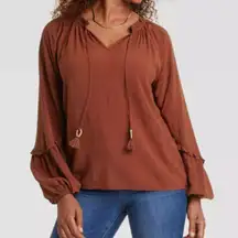 Knox Rose Womens L Brown Peasant Blouse V Neck Tassel Long Sleeve Boho Raglan.