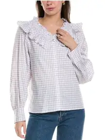 Sandro Shirt Women Small White Purple Devie Check Smocked Ruffle Button Down NWT