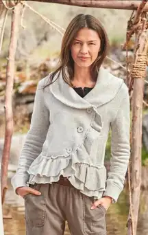 Sundance Women's French Terry Tenile Ruffle Button Up Jacket Grey Sz M