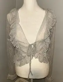 Urban Outfitters Gray Lace Tie-Front ruffle button up w/ ruffle cuffs top