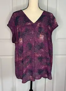 Plus size 1X DR2 Flowy Flattering Purple Women's Top Cap sleeves Vneck open back