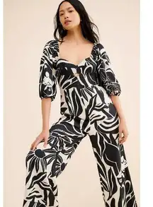 FARM Rio for Anthropologie Puff-Sleeve Printed Linen Jumpsuit Size L