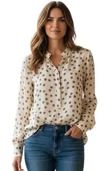 DEREK LAM 10 CROSBY LONG SLEEVE BUTTON CUFF HALF BUTTON CREAM PRINT PULLOVER TOP