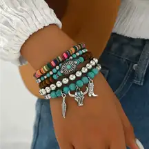 Western Lovely Vibrant‎ Turquoise Stone Beaded Stretch Bracelet Elegant Silver