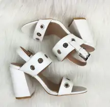 Women's AMS Sarah Silver Grommet Eyelets Accent Slingback Block Heel Sandals White Size 8.5