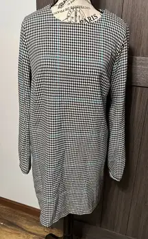 ZARA Trafaluc Houndstooth Black White Green Side Stripes Mini Dress Size L EUC!