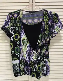 Notations Abstract Print Purple Green Black Short Sleeve Wrap Blouse Size Large