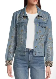 John Mark Blue Embroidered Jean Jacket with Leopard Cuffs