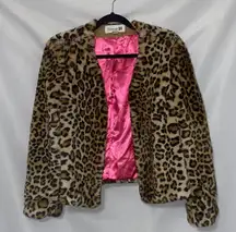 Forever 21  SIZE LARGE Leopard Faux Fur Jacket with Pink Lining FUN FUNKY GUC
