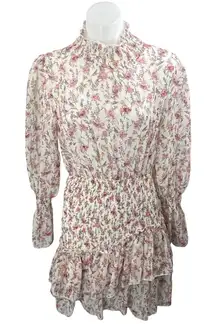 Princess Polly White Pink Floral Long Balloon Sleeve Tiered Mini A Line Dress 6