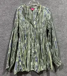 Sunny Leigh Blouse Womens Large Multicolor Pleated Geometric Casual Button Front