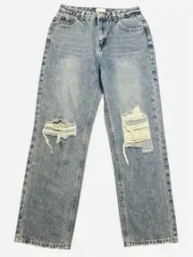 Pink Lily Distressed High Rise Straight Leg Light Wash Jeans Size 27 Bohemian