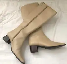 Stunning Vintage 90s Cream knee-high manmade leather boots square toe 1.5" block heel -Size 6.5M Boho western indie festival streetwear concert 