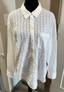 GAP Button Down White Eyelet Detail Lace Blouse Shirt Cotton Long‎ Sleeve Summer