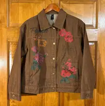 Cider Women’s Oversize Brown W/Roses & Letters Jean Jacket Sz S-EUC