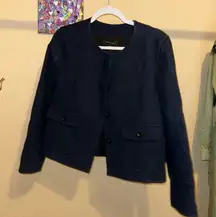 Ann Taylor Navy Blue Long Sleeve Crop Length Pocket Hidden Button Front Jacket 8