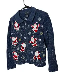 Designers Studio Originals Blue Santa Ice Skating Christmas Sweater Cardigan P/M