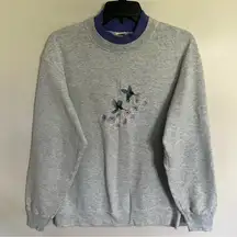 Vintage‎ Embroidered Hummingbird Gray Faux Turtleneck Sweatshirt Size Medium