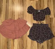 Hollister Floral Ruffle Ribbed Tie Cropped Top Shorts‎ Outfit XS Aerie Skirt Lot