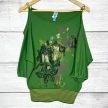 Vintage Y2K Green Butterfly Print Gold Chain Cold Shoulder Top Size Small